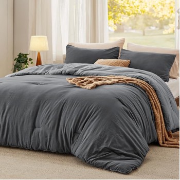 Bedding Comforter Sets Queen, Reversible Grey Prewashed Bed Comforter for All Seasons, 3 Pieces Warm Soft Bed Set, 1 Lightweight Comforter (90"x90") and 2 Pillowcases (20"x26")
