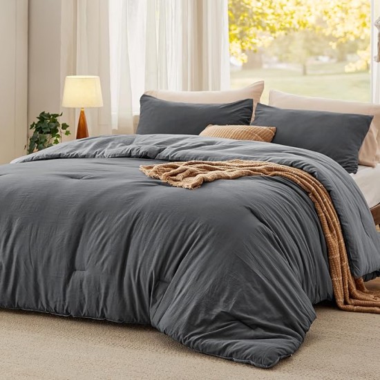 Bedding Comforter Sets Queen, Reversible Grey Prewashed Bed Comforter for All Seasons, 3 Pieces Warm Soft Bed Set, 1 Lightweight Comforter (90"x90") and 2 Pillowcases (20"x26")