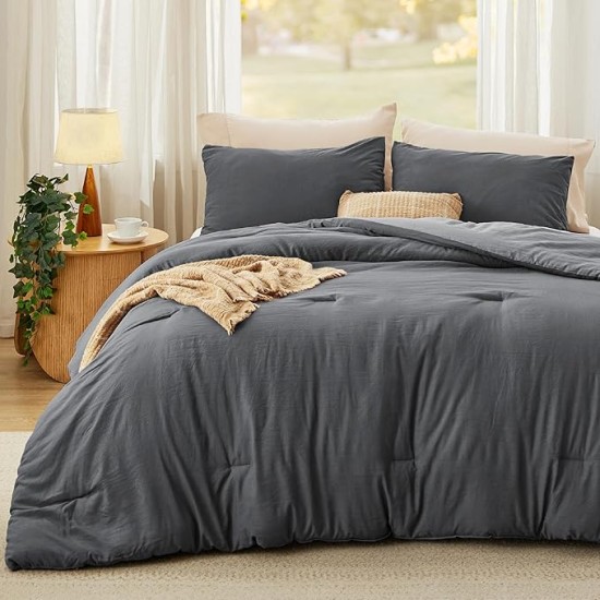 Bedding Comforter Sets Queen, Reversible Grey Prewashed Bed Comforter for All Seasons, 3 Pieces Warm Soft Bed Set, 1 Lightweight Comforter (90"x90") and 2 Pillowcases (20"x26")