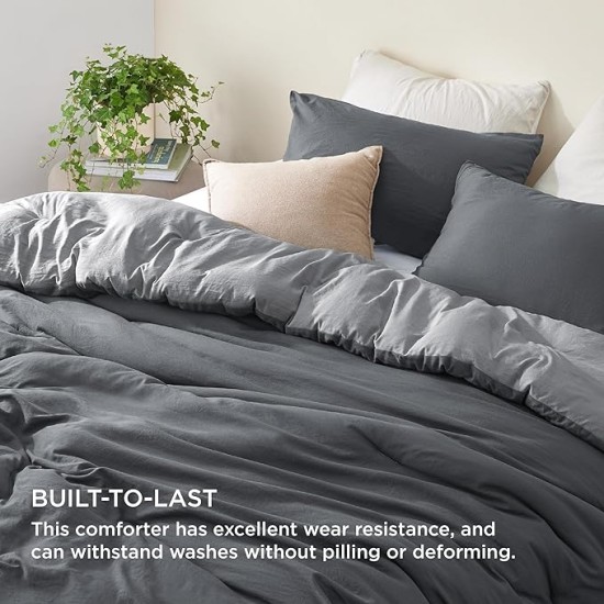 Bedding Comforter Sets Queen, Reversible Grey Prewashed Bed Comforter for All Seasons, 3 Pieces Warm Soft Bed Set, 1 Lightweight Comforter (90"x90") and 2 Pillowcases (20"x26")