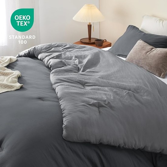 Bedding Comforter Sets Queen, Reversible Grey Prewashed Bed Comforter for All Seasons, 3 Pieces Warm Soft Bed Set, 1 Lightweight Comforter (90"x90") and 2 Pillowcases (20"x26")