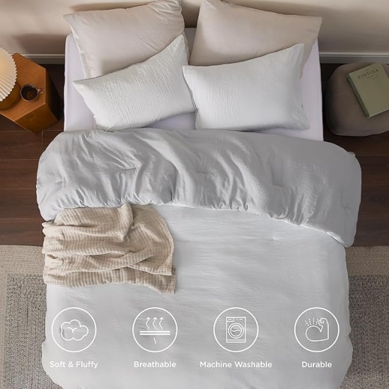 Bedding Comforter Sets Queen, Reversible Grey Prewashed Bed Comforter for All Seasons, 3 Pieces Warm Soft Bed Set, 1 Lightweight Comforter (90"x90") and 2 Pillowcases (20"x26")