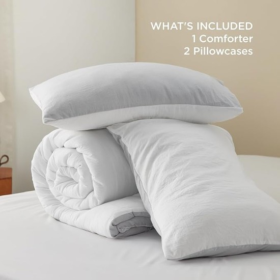 Bedding Comforter Sets Queen, Reversible Grey Prewashed Bed Comforter for All Seasons, 3 Pieces Warm Soft Bed Set, 1 Lightweight Comforter (90"x90") and 2 Pillowcases (20"x26")
