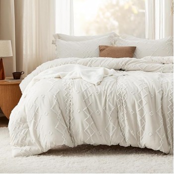 Boho Tufted Comforter Set Queen - Beige Cationic Dyeing Bedding Comforter Set, 3 Pieces Farmhouse Shabby Chic Embroidery Bed Set, Geometric Pattern Comforter for All Seasons