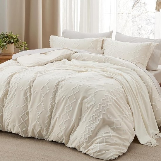 Boho Tufted Comforter Set Queen - Beige Cationic Dyeing Bedding Comforter Set, 3 Pieces Farmhouse Shabby Chic Embroidery Bed Set, Geometric Pattern Comforter for All Seasons