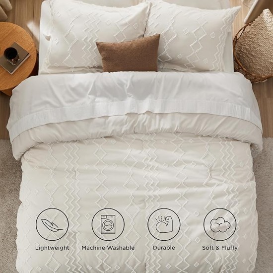 Boho Tufted Comforter Set Queen - Beige Cationic Dyeing Bedding Comforter Set, 3 Pieces Farmhouse Shabby Chic Embroidery Bed Set, Geometric Pattern Comforter for All Seasons