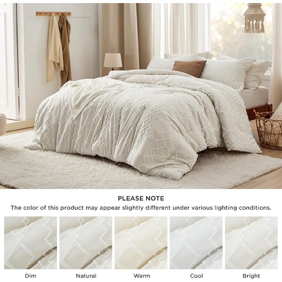 Boho Tufted Comforter Set Queen - Beige Cationic Dyeing Bedding Comforter Set, 3 Pieces Farmhouse Shabby Chic Embroidery Bed Set, Geometric Pattern Comforter for All Seasons
