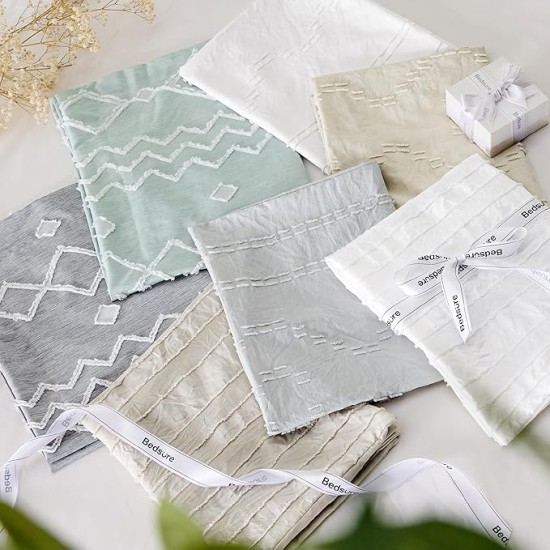 Boho Tufted Comforter Set Queen - Beige Cationic Dyeing Bedding Comforter Set, 3 Pieces Farmhouse Shabby Chic Embroidery Bed Set, Geometric Pattern Comforter for All Seasons