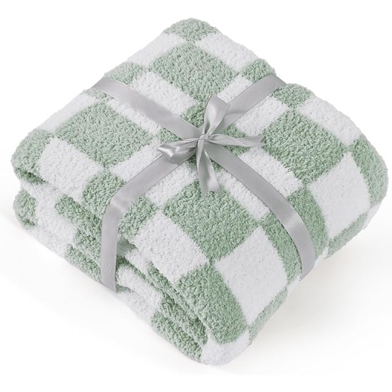 Super Soft Knit Throw Blanket - Warm Cozy Reversible Checkerboard Green Blanket, Fluffy Fuzzy Plush Lightweight Print Blanket for Couch Sofa Bed (50" x 60")