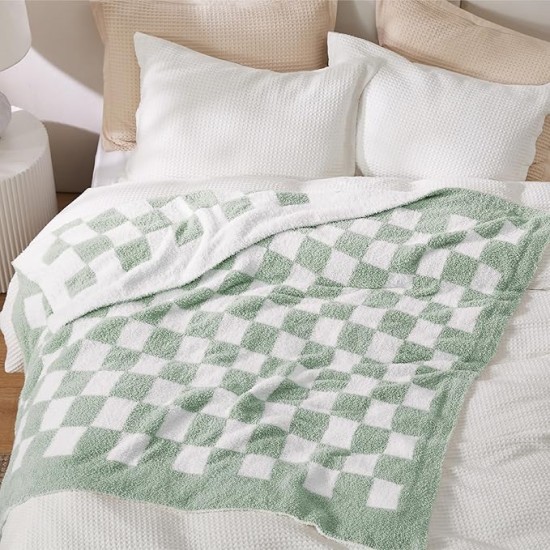 Super Soft Knit Throw Blanket - Warm Cozy Reversible Checkerboard Green Blanket, Fluffy Fuzzy Plush Lightweight Print Blanket for Couch Sofa Bed (50" x 60")