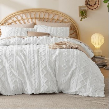 Boho Duvet Cover Queen - Tufted Duvet Cover Queen Size for All Seasons, 3 Pieces Soft Shabby Chic Embroidery Boho Bedding Duvet Cover for Gifts (White, Queen, 90x90)