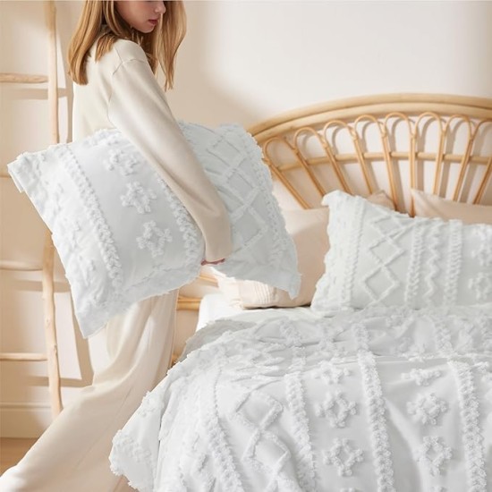 Boho Duvet Cover Queen - Tufted Duvet Cover Queen Size for All Seasons, 3 Pieces Soft Shabby Chic Embroidery Boho Bedding Duvet Cover for Gifts (White, Queen, 90x90)