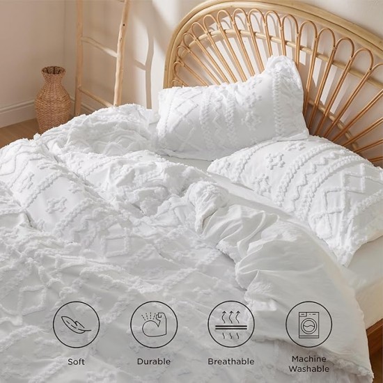 Boho Duvet Cover Queen - Tufted Duvet Cover Queen Size for All Seasons, 3 Pieces Soft Shabby Chic Embroidery Boho Bedding Duvet Cover for Gifts (White, Queen, 90x90)