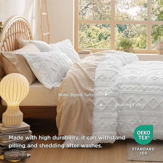 Boho Duvet Cover Queen - Tufted Duvet Cover Queen Size for All Seasons, 3 Pieces Soft Shabby Chic Embroidery Boho Bedding Duvet Cover for Gifts (White, Queen, 90x90)