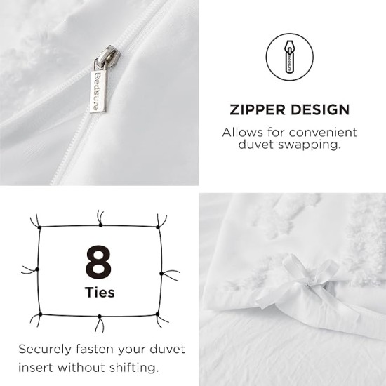 Boho Duvet Cover Queen - Tufted Duvet Cover Queen Size for All Seasons, 3 Pieces Soft Shabby Chic Embroidery Boho Bedding Duvet Cover for Gifts (White, Queen, 90x90)