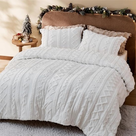 Boho Duvet Cover Queen - Tufted Duvet Cover Queen Size for All Seasons, 3 Pieces Soft Shabby Chic Embroidery Boho Bedding Duvet Cover for Gifts (White, Queen, 90x90)