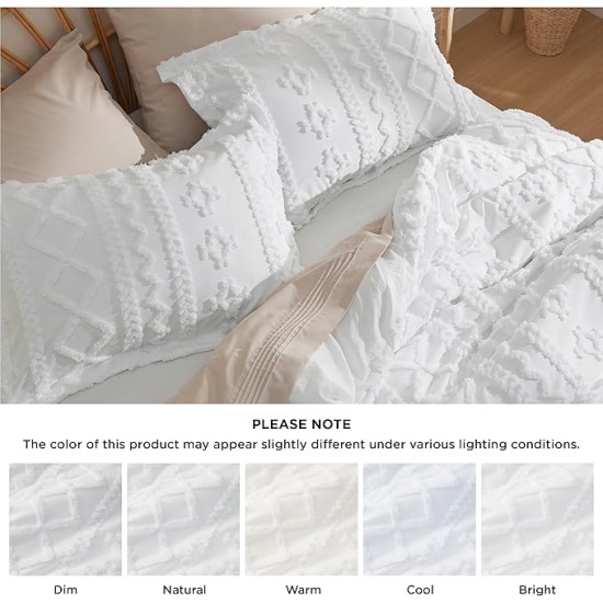 Boho Duvet Cover Queen - Tufted Duvet Cover Queen Size for All Seasons, 3 Pieces Soft Shabby Chic Embroidery Boho Bedding Duvet Cover for Gifts (White, Queen, 90x90)