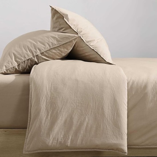 - Queen Comforter Set, Modern Cotton Washed Percale Bedding with Matching Shams, Oeko-Tex Certified (Washed Percale Camel Brown, Queen)