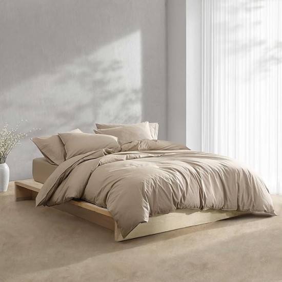 - Queen Comforter Set, Modern Cotton Washed Percale Bedding with Matching Shams, Oeko-Tex Certified (Washed Percale Camel Brown, Queen)