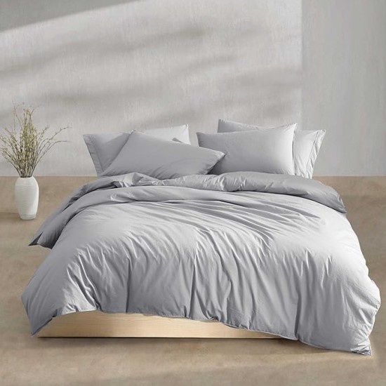 Queen Comforter Set, Washed Cotton Percale Bedding, Luxuriously Soft Home Decor (Washed Percale Steel Blue, Queen)