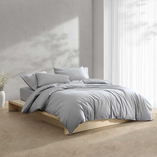 Queen Comforter Set, Washed Cotton Percale Bedding, Luxuriously Soft Home Decor (Washed Percale Steel Blue, Queen)
