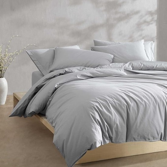Queen Comforter Set, Washed Cotton Percale Bedding, Luxuriously Soft Home Decor (Washed Percale Steel Blue, Queen)