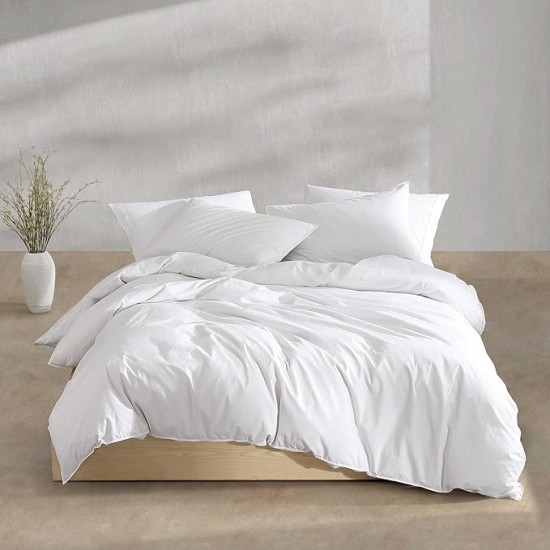 King Comforter Set, Washed Cotton Percale Bedding, Luxuriously Soft Home Decor (Washed Percale White, King)