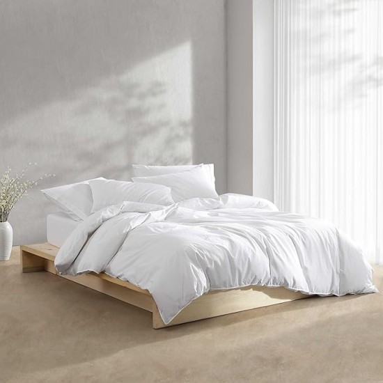 King Comforter Set, Washed Cotton Percale Bedding, Luxuriously Soft Home Decor (Washed Percale White, King)