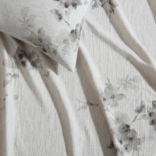 Queen Duvet Cover Set, Soft Cotton Bedding, Floral Home Decor (Aquarelle Floral Grey, Queen)