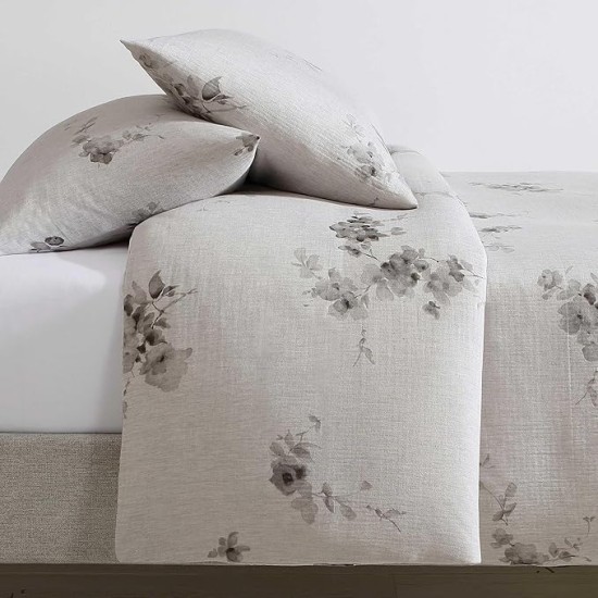 Queen Duvet Cover Set, Soft Cotton Bedding, Floral Home Decor (Aquarelle Floral Grey, Queen)