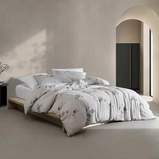 Queen Duvet Cover Set, Soft Cotton Bedding, Floral Home Decor (Aquarelle Floral Grey, Queen)