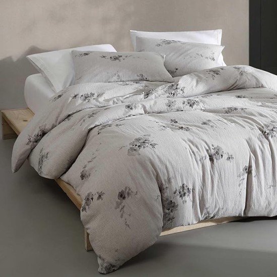 Queen Duvet Cover Set, Soft Cotton Bedding, Floral Home Decor (Aquarelle Floral Grey, Queen)