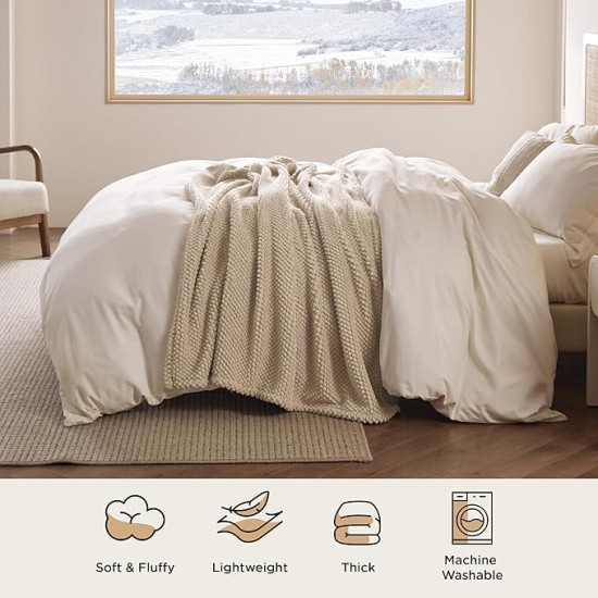 Throw Blanket for Couch - Super Soft Cozy Blankets for Women Girls, Cute Fleece Fluffy Blanket for Bed, Beige, 50x60 Inches
