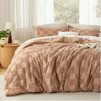 Queen Size Comforter Set Taupe, Boho Tufted Bedding Comforter Set, Checkered Farmhouse Shabby Chic Bed Set, 3 Pieces, 1 Plaid Geometric Comforter and 2 Pillow Shams