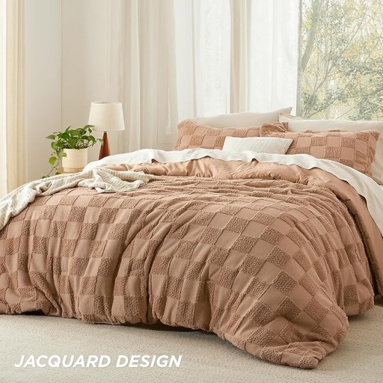 Queen Size Comforter Set Taupe, Boho Tufted Bedding Comforter Set, Checkered Farmhouse Shabby Chic Bed Set, 3 Pieces, 1 Plaid Geometric Comforter and 2 Pillow Shams