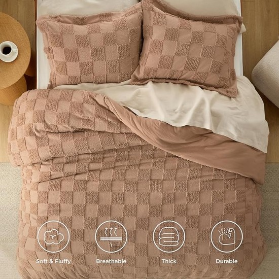 Queen Size Comforter Set Taupe, Boho Tufted Bedding Comforter Set, Checkered Farmhouse Shabby Chic Bed Set, 3 Pieces, 1 Plaid Geometric Comforter and 2 Pillow Shams