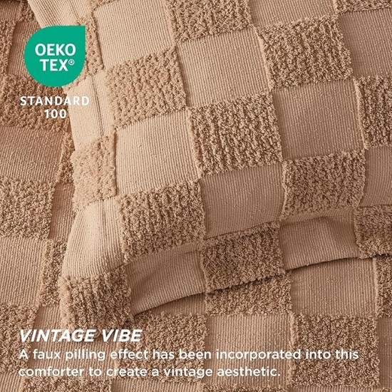 Queen Size Comforter Set Taupe, Boho Tufted Bedding Comforter Set, Checkered Farmhouse Shabby Chic Bed Set, 3 Pieces, 1 Plaid Geometric Comforter and 2 Pillow Shams
