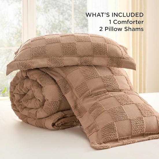 Queen Size Comforter Set Taupe, Boho Tufted Bedding Comforter Set, Checkered Farmhouse Shabby Chic Bed Set, 3 Pieces, 1 Plaid Geometric Comforter and 2 Pillow Shams