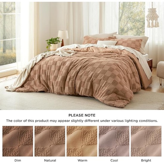Queen Size Comforter Set Taupe, Boho Tufted Bedding Comforter Set, Checkered Farmhouse Shabby Chic Bed Set, 3 Pieces, 1 Plaid Geometric Comforter and 2 Pillow Shams