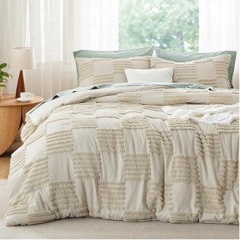 Queen Size Comforter Set Linen, Boho Tufted Bedding Comforter Set, Grande Checkered Farmhouse Shabby Chic Bed Set, 3 Pieces, 1 Plaid Geometric Comforter and 2 Pillow Shams
