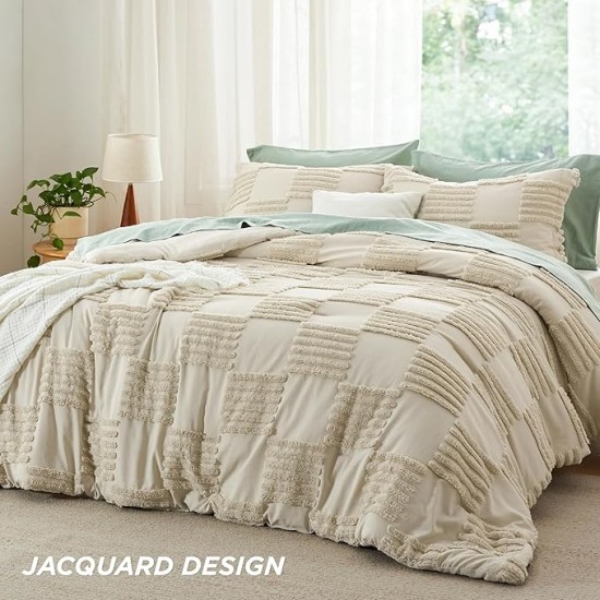 Queen Size Comforter Set Linen, Boho Tufted Bedding Comforter Set, Grande Checkered Farmhouse Shabby Chic Bed Set, 3 Pieces, 1 Plaid Geometric Comforter and 2 Pillow Shams