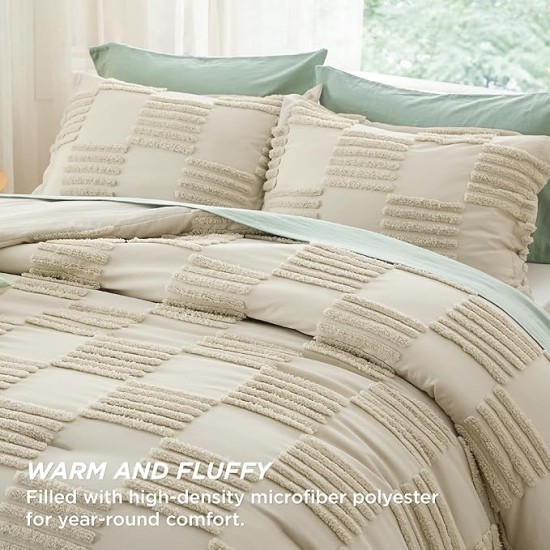 Queen Size Comforter Set Linen, Boho Tufted Bedding Comforter Set, Grande Checkered Farmhouse Shabby Chic Bed Set, 3 Pieces, 1 Plaid Geometric Comforter and 2 Pillow Shams