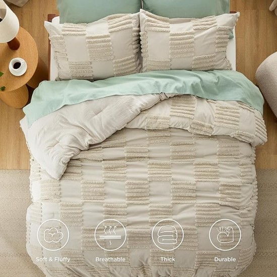 Queen Size Comforter Set Linen, Boho Tufted Bedding Comforter Set, Grande Checkered Farmhouse Shabby Chic Bed Set, 3 Pieces, 1 Plaid Geometric Comforter and 2 Pillow Shams