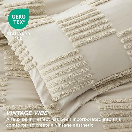 Queen Size Comforter Set Linen, Boho Tufted Bedding Comforter Set, Grande Checkered Farmhouse Shabby Chic Bed Set, 3 Pieces, 1 Plaid Geometric Comforter and 2 Pillow Shams