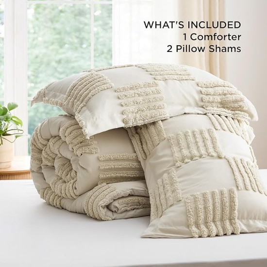 Queen Size Comforter Set Linen, Boho Tufted Bedding Comforter Set, Grande Checkered Farmhouse Shabby Chic Bed Set, 3 Pieces, 1 Plaid Geometric Comforter and 2 Pillow Shams