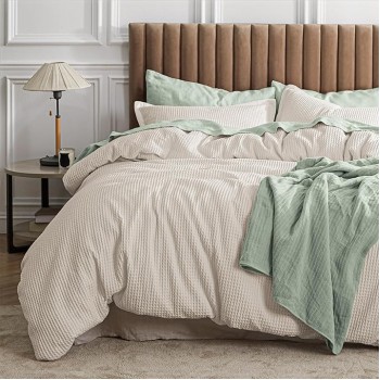 Waffle Comforter Set Queen, Beige Soft Cotton Bedding Set, Waffle Weave Bed Set, 3 Pieces, 1 Comforter (90"x90") and 2 Pillow Shams, Premium Cotton Cover with Polyester Fill, Gift for Grandma