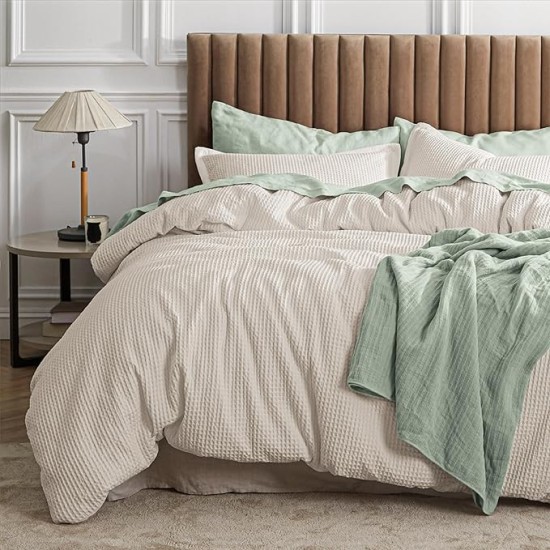 Waffle Comforter Set Queen, Beige Soft Cotton Bedding Set, Waffle Weave Bed Set, 3 Pieces, 1 Comforter (90"x90") and 2 Pillow Shams, Premium Cotton Cover with Polyester Fill, Gift for Grandma