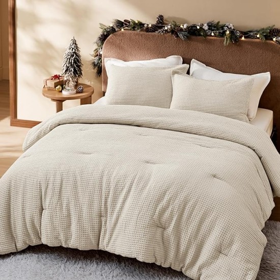 Waffle Comforter Set Queen, Beige Soft Cotton Bedding Set, Waffle Weave Bed Set, 3 Pieces, 1 Comforter (90"x90") and 2 Pillow Shams, Premium Cotton Cover with Polyester Fill, Gift for Grandma