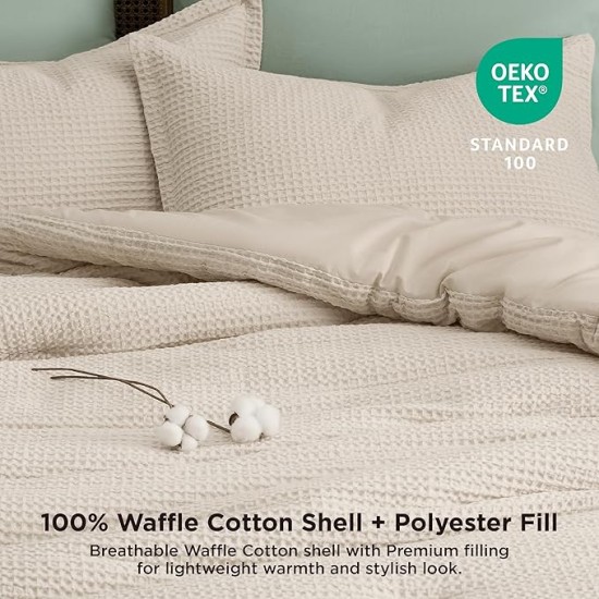 Waffle Comforter Set Queen, Beige Soft Cotton Bedding Set, Waffle Weave Bed Set, 3 Pieces, 1 Comforter (90"x90") and 2 Pillow Shams, Premium Cotton Cover with Polyester Fill, Gift for Grandma