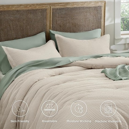 Waffle Comforter Set Queen, Beige Soft Cotton Bedding Set, Waffle Weave Bed Set, 3 Pieces, 1 Comforter (90"x90") and 2 Pillow Shams, Premium Cotton Cover with Polyester Fill, Gift for Grandma